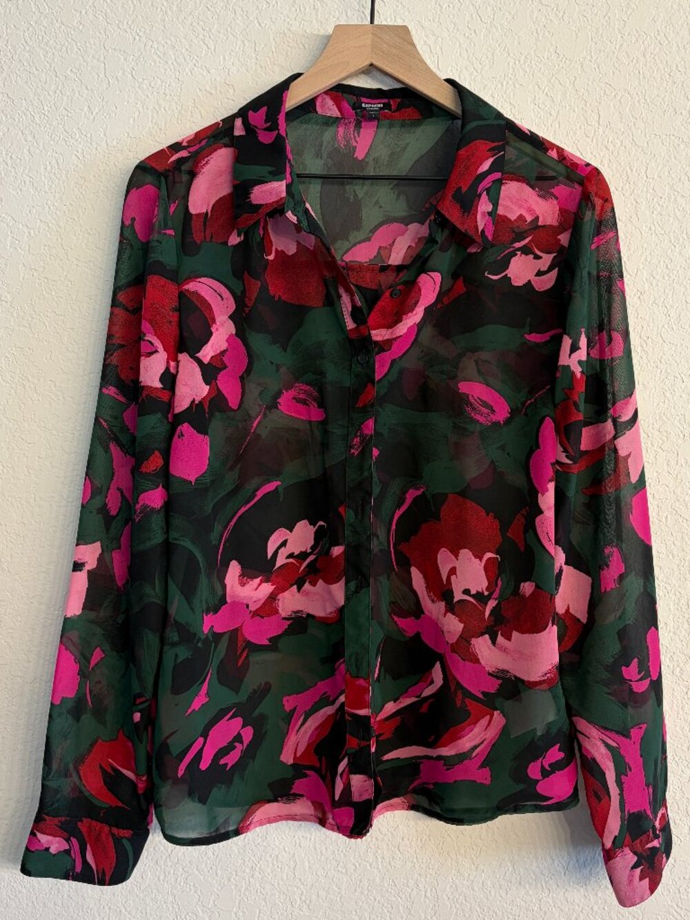 Express Portofino Shirt Size L Black Pink Green Floral Print Blouse